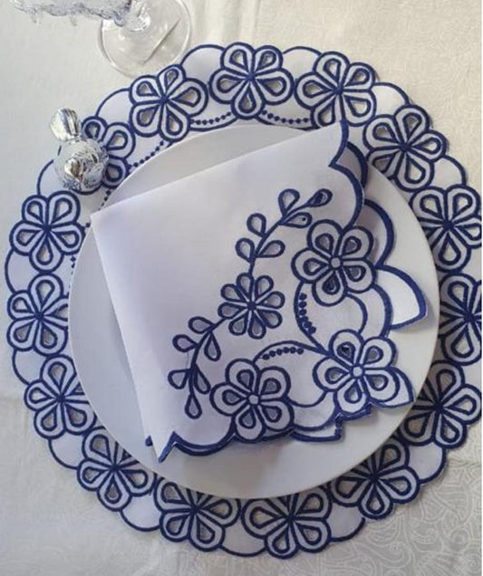 Kit Richelieu - Branco com Azul Marinhho (guardanapo + jogo americano)